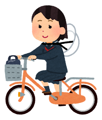 ヘルメットを首にかけて自転車通学する学生のイラスト（女子）