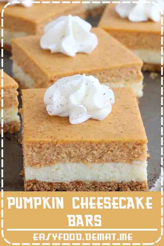 So easy to make and with the right amount of pumpkin flavor, these pumpkin cheesecake bars taste exactly like a cheesecake that crossed paths with a pumpkin pie – the best of both worlds!#Appetizers#Cheese Appetizers