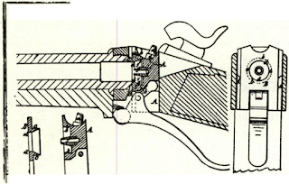 Basic Sharps design had vertical sliding breechblock. Here, patent drawing for Lawrence gas-check ring or plate shows also Sharps breech. Design is patent No. 26504 of Dec. 20, 1859, and appeared in all Civil War Sharps carbines and rifles with sliding breech.