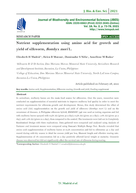 In sericulture, mulberry leaves are the main food source for silkworms. Over the years, researches were conducted on supplementation of essential nutrients to improve mulberry leaf quality in order to meet the nutrient requirements for silkworm growth and development. Hence, this study determined the effect of amino acid (AA) supplementation on the growth and yield of silkworm (Bombyx mori L) and on the occurrence of diseases. A Philippine silkworm hybrid, DMMMSU 346 was used as testing organism and fed with mulberry leaves sprayed with 0.5% AA (given 4x a day); 0.5% AA (given 2x a day); 1.0% AA (given 4x a day); and 1.0% AA (given 2x a day), then compared to the control. The treatments were laid out in Completely Randomized Design with three replications. Data gathered were computed and analyzed using Analysis of Variance and treatment means were compared using Duncan’s Multiple Range Test. Results revealed that amino acid supplementation of mulberry leaves at 0.5% concentration and fed to silkworms 4x a day and reared during cold-dry season is ideal for cocoon yield per box, filament length and effective rearing rate. Supplementation of 1% concentration fed 2x a day positively affected larval weight at maturity. Grasserie disease was observed but did not significantly affect the survival rate of silkworm during rearing.