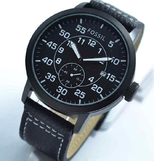 jam tangan  Fossil date chrono second black leather white