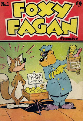 Foxy Fagan Comic Book cover drawing by Harvey Eisenberg -- cartoon fox paints eggs with gold paint and tries to sell them as golden eggs