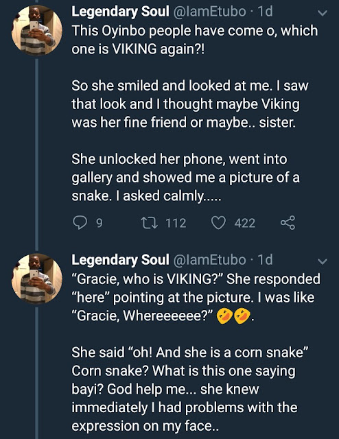  Nigerian man narrates hilarious experience he had with his oyibo girlfriend and her pet snake