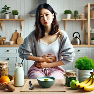 복부에 손을 얹고 불편한 표정을 짓는 젊은 한국 여성, 장 누수 증후군 관련 증상과 식단 관리를 나타내는 부드러운 분위기의 장면