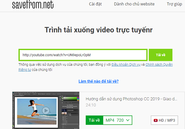 Tải video YouTube bằng SaveFrom