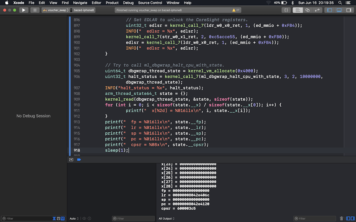 This screenshot shows an experiment trying to access the debug registers in Xcode. After mapping and initializing the debug registers, the function ml_dbgwrap_halt_cpu_with_state() was invoked on an iPhone 8 and the output copied to userspace and printed. The values in the registers look valid and correspond to a CPU executing at EL1 with the MMU off.