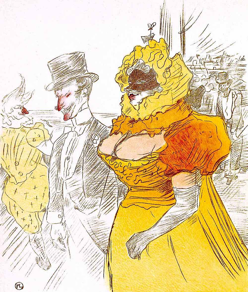 a Toulouse-Lautrec sketch of a masked couple