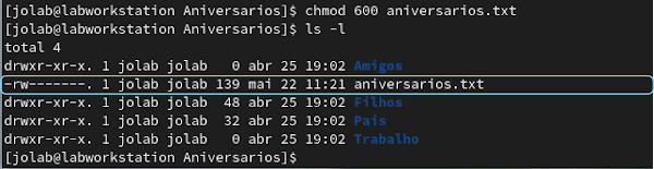 Exemplo, alterando as permissões do ficheiro aniversarios.txt: Comando chmod 600