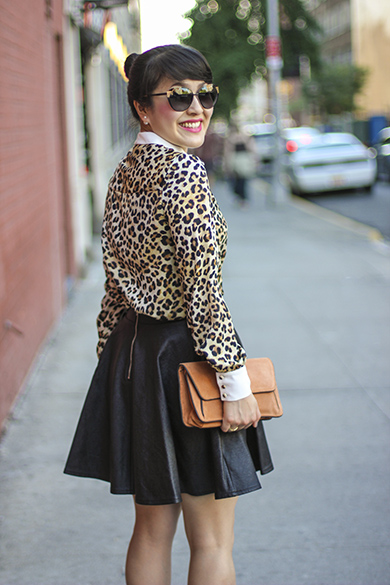 Peter Pan Collar Leopard print blouse with leather skirt