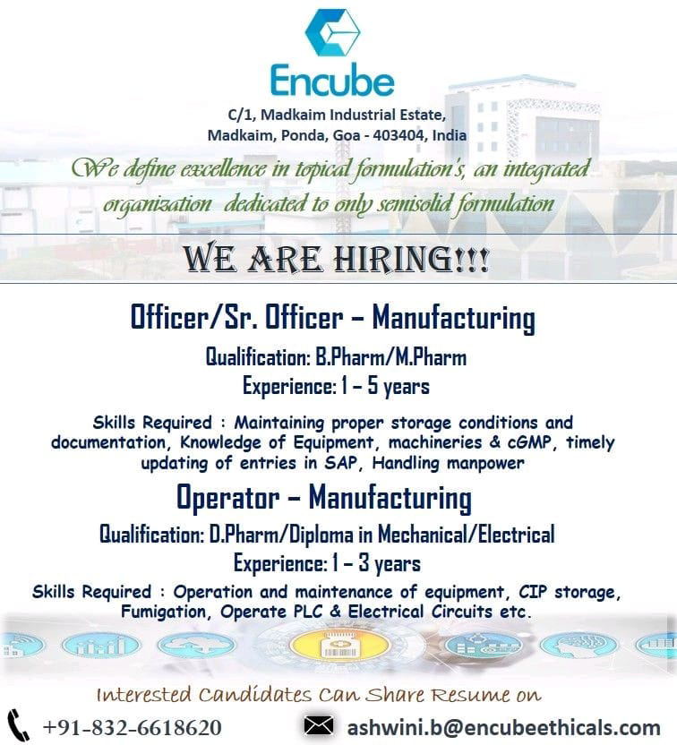 Job Available's for Encube Ethicals Ltd Job Vacancy for B Pharm/ M Pharm/ D Pharm/ Diploma Mechanica/ Electrical