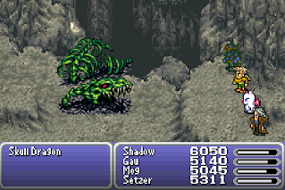 The party battles the Skull Dragon, a boss in the Dragons' Den, a dungeon in Final Fantasy VI.