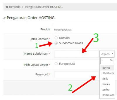 pengaturan order hosting untuk membuat website gratis