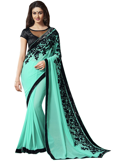 New Designer Party Wear Sea Green Chiffon Saree