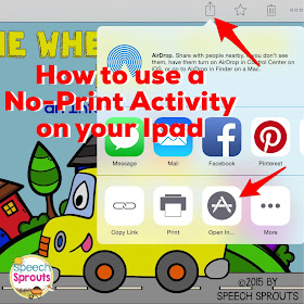 Learn how to use No-Print Activities in speech therapy on your I-Pad or computer like this Wheels on the Bus Back to School activity. Portable and no-prep materials that make organization easy. Terrific with toddlers, preschool and autism students. #speechsprouts #speechtherapy #noprint www.speechsproutstherapy.com