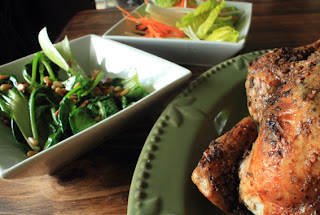 roast chicken with pan fried greens and fennel and pear salad