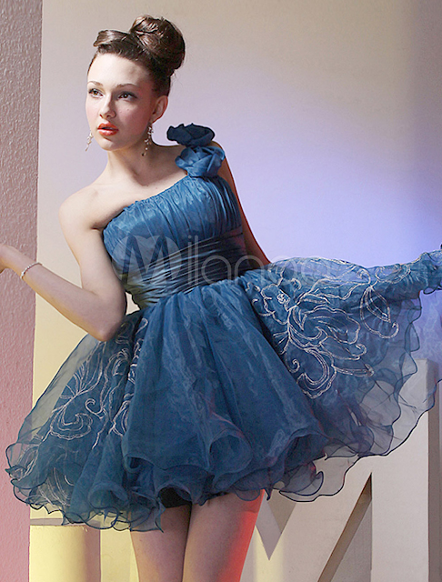 China Wholesale Homecoming Dresses - Modern Royal Blue One Shoulder Organza Short Cocktail Dress