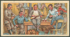 A card bearing an illustration of a group of men smoking, drinking, and playing music together.