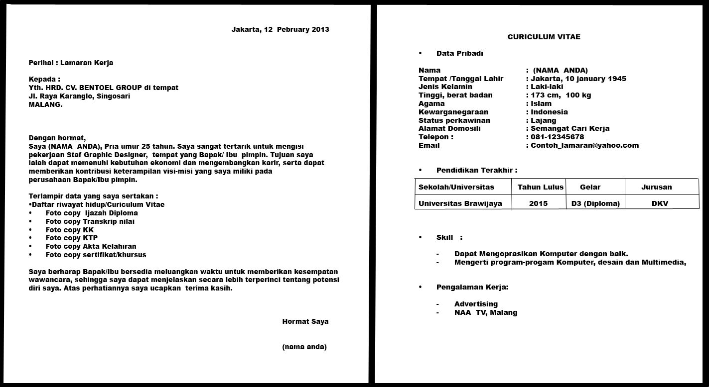 Contoh Surat Lamaran Kerja dan Daftar Riwayat Hidup 2016 