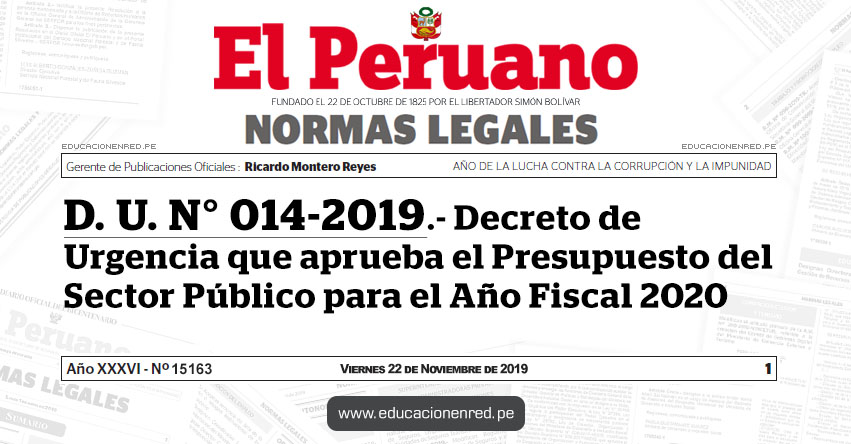 D. U. N° 014-2019 - Decreto de Urgencia que aprueba el Presupuesto del Sector Público para el Año Fiscal 2020 [SEPARATA ESPECIAL]