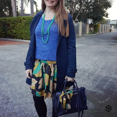 awayfromblue instagram green gold navy blue outfit winter colourful office wear accessorising bag