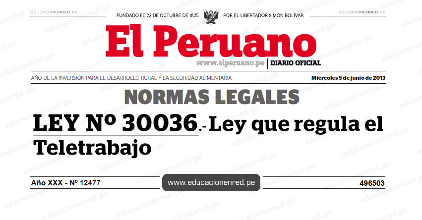 LEY Nº 30036.- Ley que regula el Teletrabajo