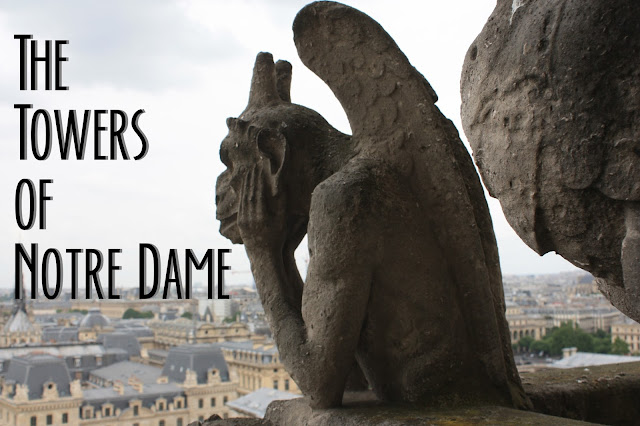 Title Card for the Towers of Notre Dame with Gargoyle looking over Paris