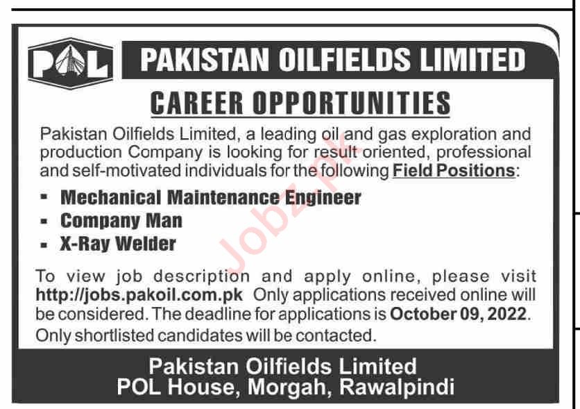 Pakistan Oilfields Ltd Rawalpindi Job 2022