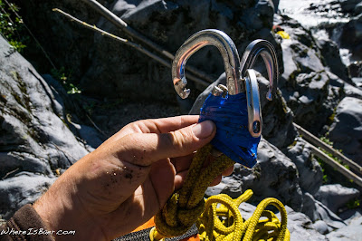 fishing for paddling gear, three carabiners and some electrical tape, kayak waterfall swim rio claro patagonia chile WhereIsBaer.com Chris Baer swift water resce