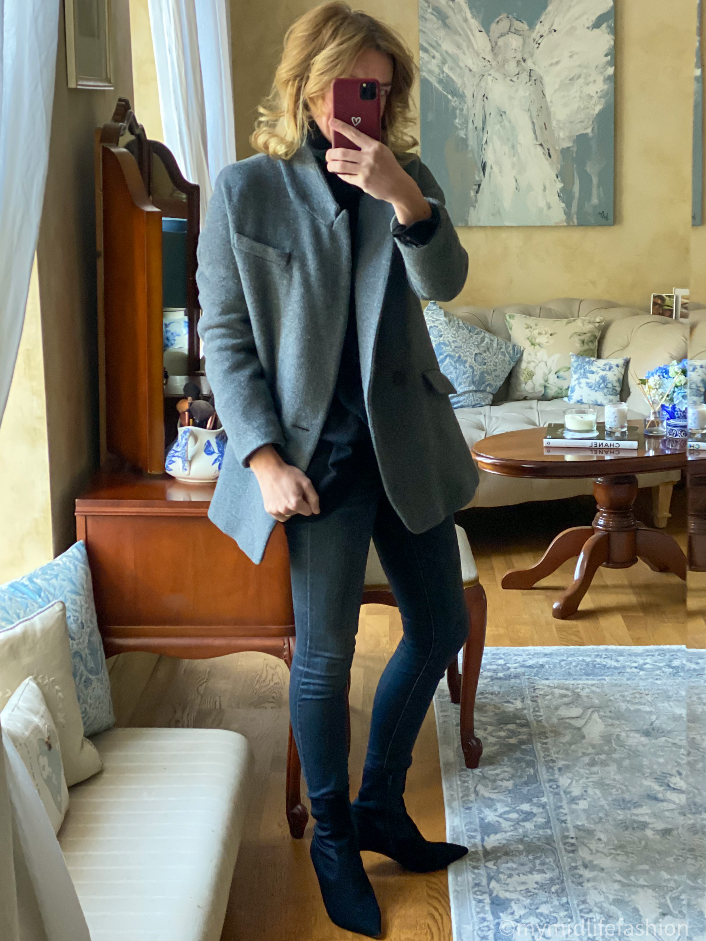 my midlife fashion, Vanessa Bruno wool blazer, h and m oversized roll neck cashmere jumper, j crew 9 inch toothpick skinny Jeans, phase eight suede sock boot