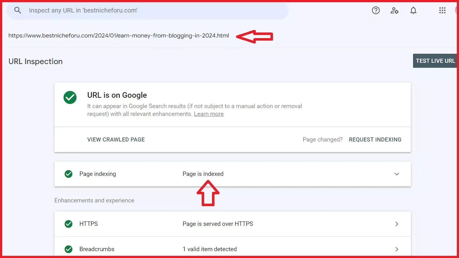 indexed page on google search console without m=1 tag