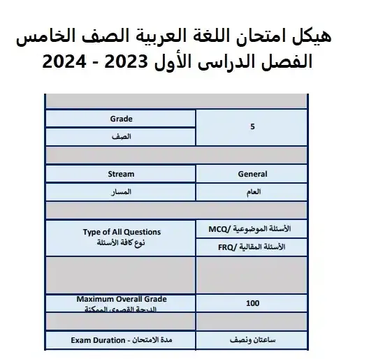 هيكل امتحان اللغة العربية الصف الخامس الفصل الدراسى الأول 2023 - 2024