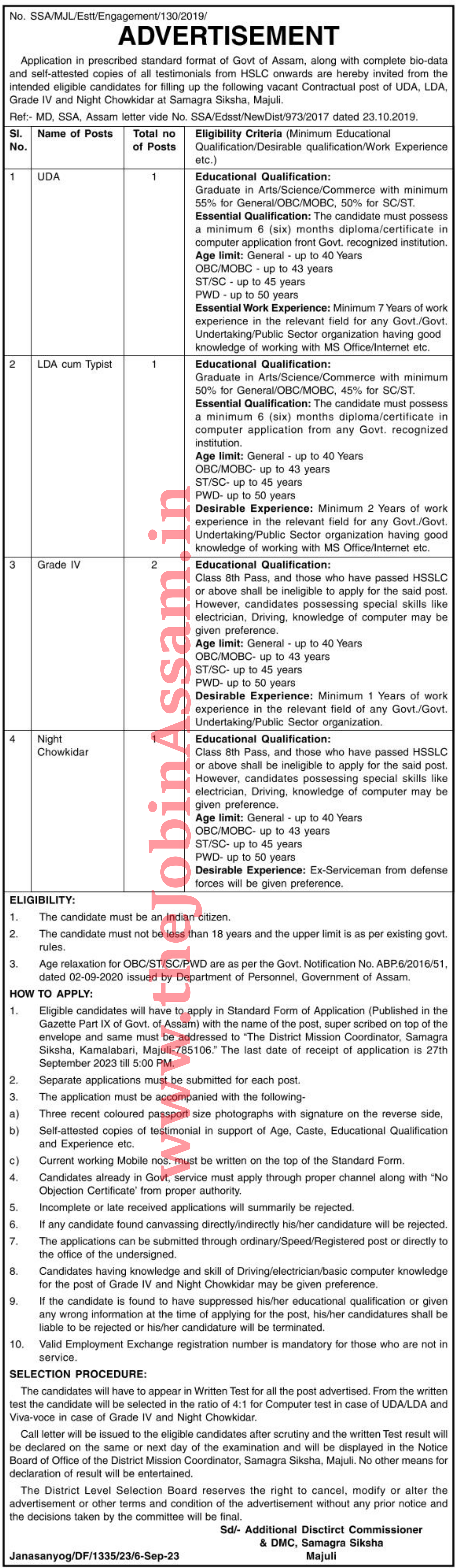 Samagra Shiksha Majuli Recruitment 2023 - 05 LDA, Grade IV & Chowkider Vacancy