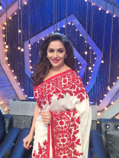 Madhuri Dixit in Classic Red Embroidered Saree by The Magical Designer