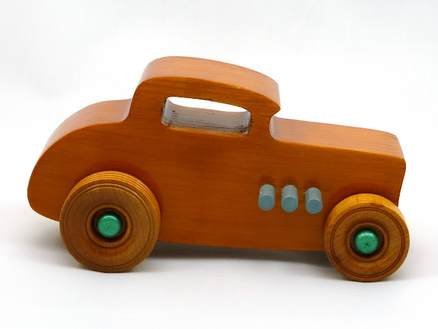 Wood Toy Car, Hot Rod 32 Deuce Coupe, Handmade and Painted with Amber Shellac, Metallic Emerald Green, and Gray Acrylic Paint