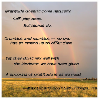 Gratitude doesn't come naturally.  Self-pity does.  Belyaches do.  Grumbles and mumbles -- no one has to remind us to offer them.  Yet they don't mix well with the kindness we have been given.  A spoonful of gratitude is all we need.  ~Max Lucado, You'll Get Through This