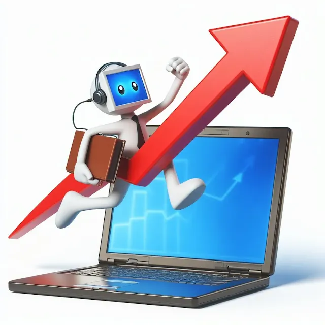 A 3D illustration of a character with a computer monitor for a head, wearing a headset and carrying a briefcase, riding an upward-trending arrow emerging from a laptop screen, symbolizing the growth of PC gaming