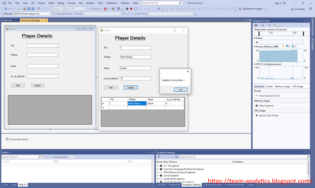 Write a VB.NET program to create player table (PID, PName, Game,  no_of_matches). Insert records and update number of matches of ‘Rohit Sharma’ and  display result in data grid view.