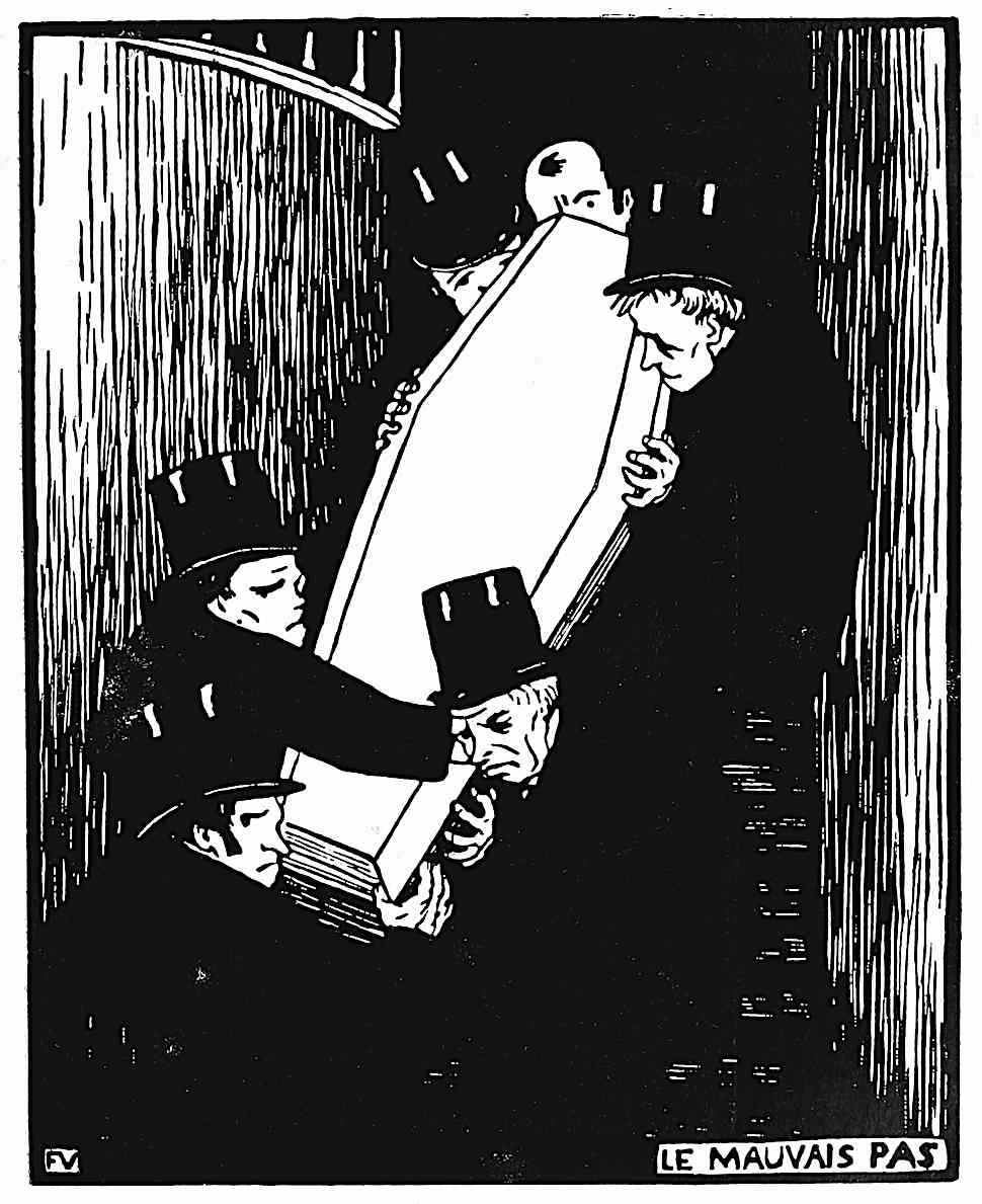 a Felix Vallotton wood cut print of pall bearers struggling with a heavy casket