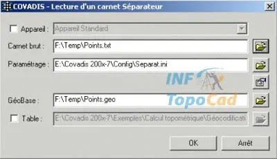 Covadis Calculs, Lecture carnet, format CalTopo.ini, format séparateur, Paramétrage carnets, Traitement d’un fichier PTS, Carnet de terrain, édition GéoBase, Lecture Carnet, vidage séparateur, points colonné, calculs topométriques