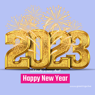 2023 New Year wishes image with 3D golden text and fire works sky blue background colour