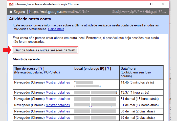 Deslogando de todas as outras sessões do Gmail na web