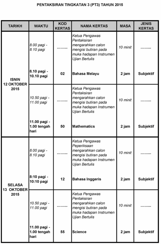 Jadual Waktu Pentaksiran Tingkatan 3 (PT3) 2015 - nikky news