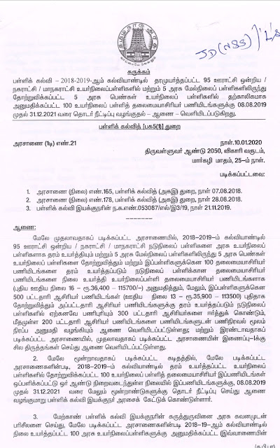 அரசாணை எண் 21-தற்காலிகமாக அனுமதிக்கப்பட்ட உயர்நிலைப் பள்ளித் தலைமையாசிரியர் பணியிடங்களுக்கு 08.08.2019 முதல் 31.12.2021 வரை தொடர் நீட்டிப்பு வழங்குதல் ஆணை வெளியீடு.