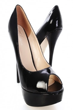 Black Patent Faux Leather Peep Toe Platform Heels