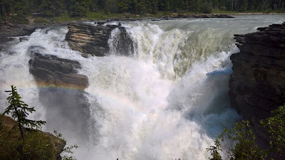 Rainbow over Athabasca Falls, a must see attraction by the Icefields Parkway