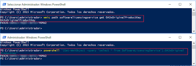 powershell "(Get-WmiObject -query ‘select * from SoftwareLicensingService’).OA3xOriginal ProductKey"