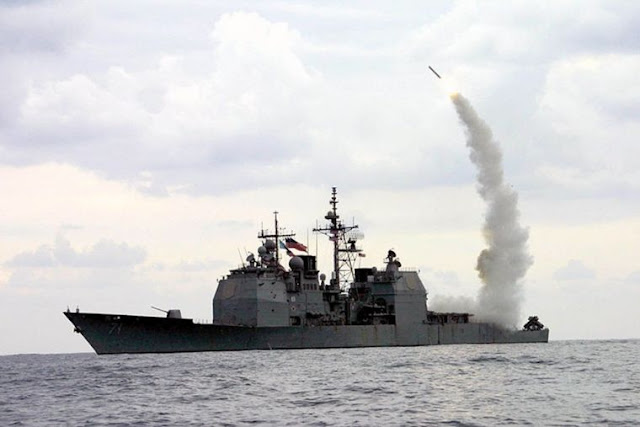 (Wikipedia/U.S. Navy) A Tomahawk Land Attack Missile (TLAM) launches from the guided missile cruiser USS Cape St. George (CG 71).