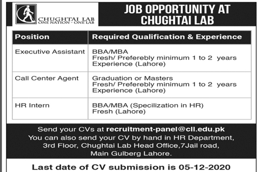 Jobs in Chughtai Lab Lahore Latest Advertisement for Call Center Agent, Executive Assistant and HR Intern Posts