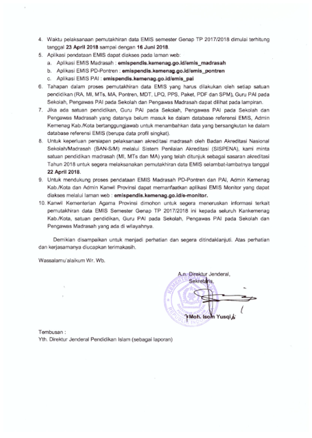 Direktorat jenderal Pendidikan Islam Kementerian Agama melayangkan surat kepada kepala Kan Pemutakhiran Data EMIS Pendis Kemenag