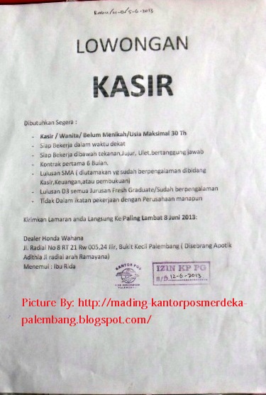 Info Loker Di Mading Kantor POS Merdeka Palembang ...